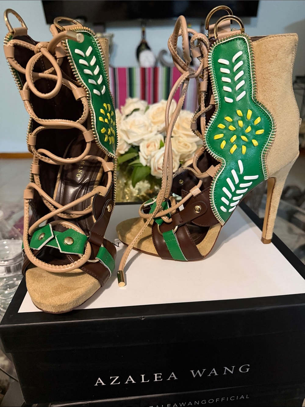 Stuart Weitzman Green, Brown & Tan Lace-Up High Heel Sandals